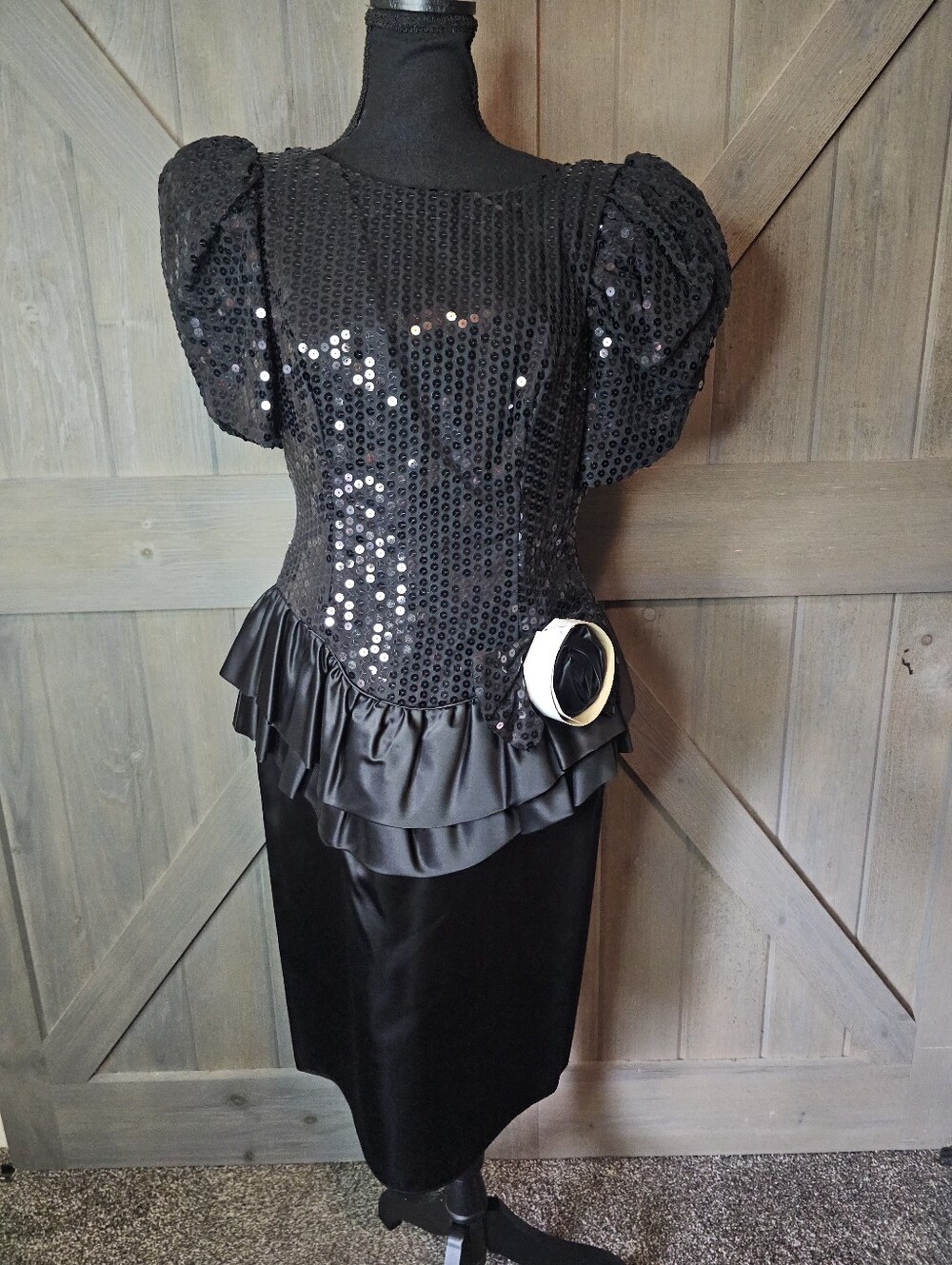 Vintage 1980s Sequin Puff Sleeve Peplum Dress sz 13/14